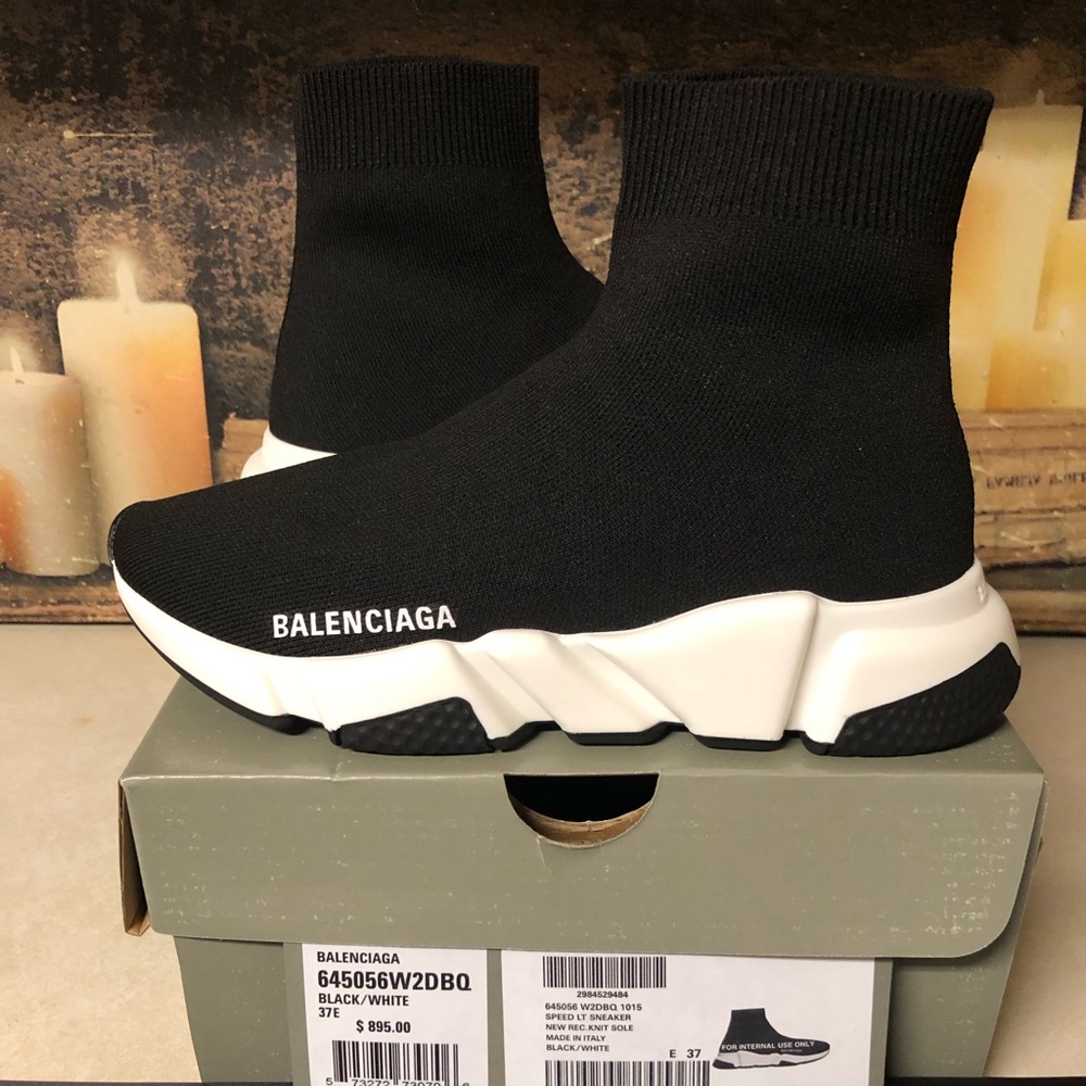 Balenciaga Speed Trainer Runner Sneaker Mid-Top Women Size 7 Black White Sock